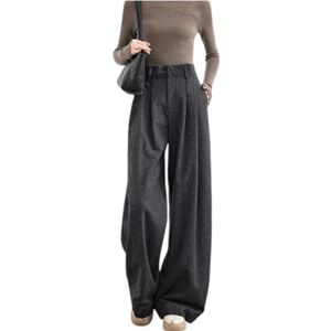 Commense Herringbone Wide Leg Trousers Charcoal Grey Pleated High Waist Pants L